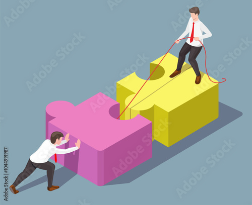 Partnership help to solve problem isometric vector illustration. Businessmen characters connecting puzzle pieces together assisting each other