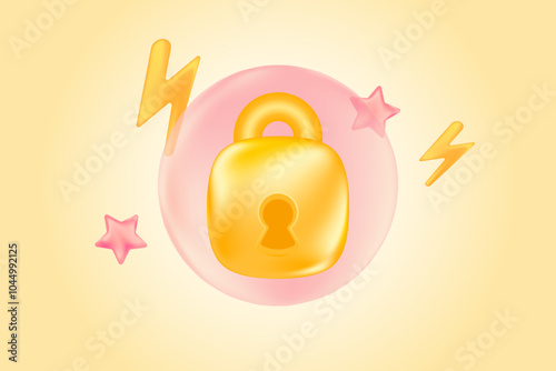 Cute gold 3D security padlock icon, smart home remote control protection system. Glowing glass or plastic texture information protection design element, presentation, infographic, banner