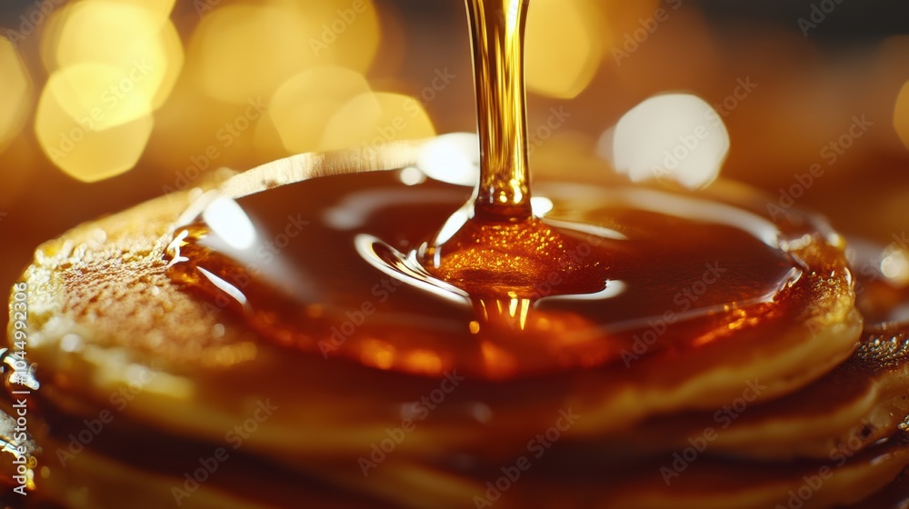 Golden maple syrup dripping on pancakes - delicious breakfast concept Golden maple syrup dripping on pancakes - delicious breakfast concept