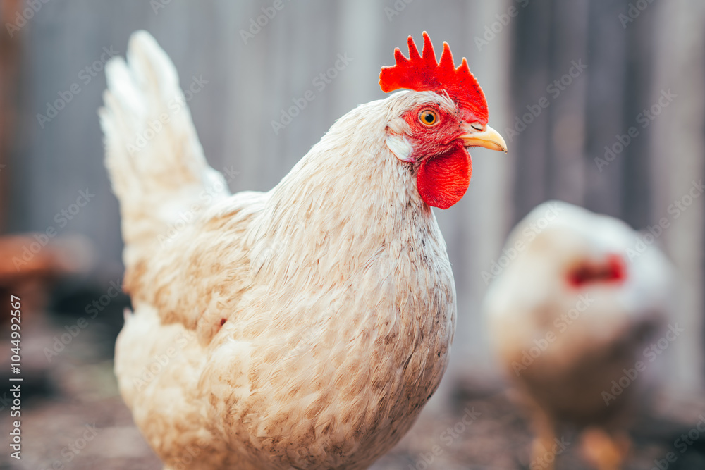 Fototapeta premium A close-up view of a white hen near a chicken coop during golden hour in a rural backyard setting
