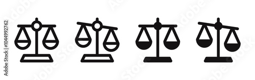 Scale icons set. Scales of justice, vintage scale in balance and equilibrium, libra. Vector illustration photo