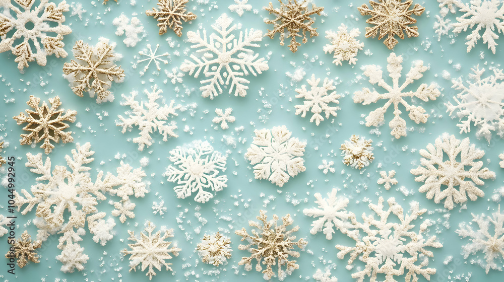 Winter Wonderland: White and Gold Snowflakes on Light Blue Background Illustration Winter Wonderland: White and Gold Snowflakes on Light Blue Background Illustration