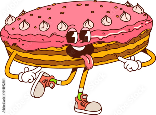 Funny groovy cake hippie dessert, sweet and candy character with pink frosting and cream dollops on top. Isolated vector pie retro personage with joyful face and sticking tongue ready for celebration