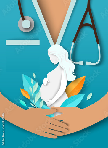 Pregnancy medicine paper cut poster with doctor gynecologist hugging in hands pregnant woman vector illustration. Family planning center and in vitro fertilization concept