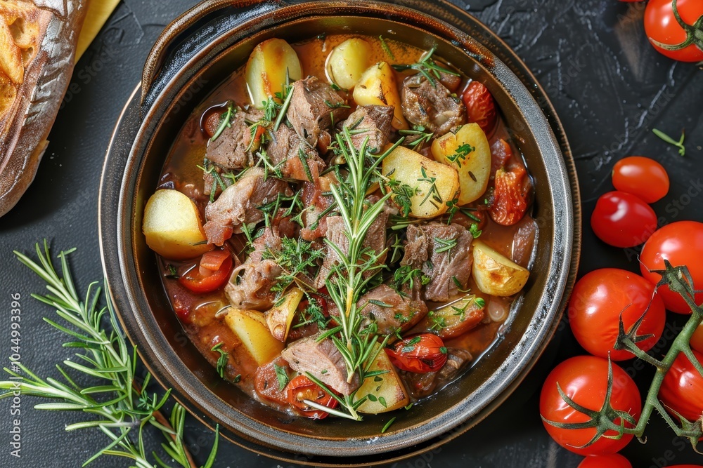 A dish of lamb kleftiko, slow-cooked lamb with potatoes, tomatoes, and herbs, garnished with fresh rosemary A dish of lamb kleftiko, slow-cooked lamb with potatoes, tomatoes, and herbs, garnished with fresh rosemary