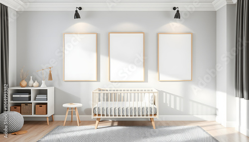 Stylish nursery interior with empty posters on wall. Mockup for design isolated with white highlights, png