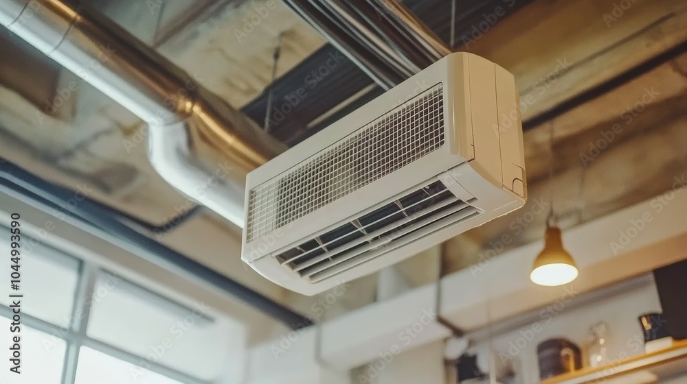 Obraz premium Mechanical Elegance Industrial Architecture: Air Conditioner and Metal Pipes.Close-up of Industrial Air Conditioning System in Modern Office.Concept of industrial design, modern office interior, HVAC