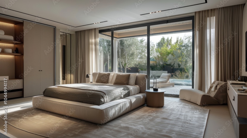 Fototapeta premium Modern Bedroom Interior Design with a View of a Lush Garden