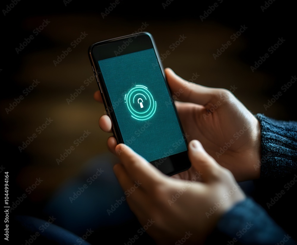 Person holds a cell phone with a lock on the screen which stands for cyber security Person holds a cell phone with a lock on the screen which stands for cyber security