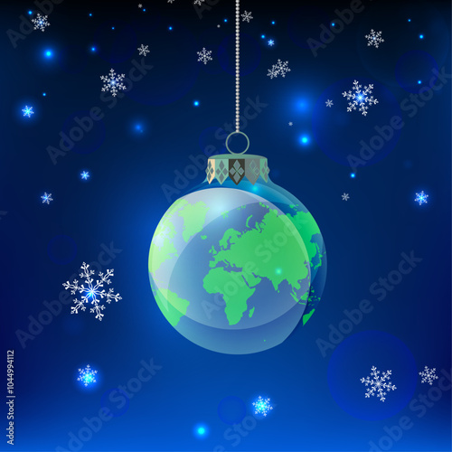 Sustainability concept with a globe christmas ornament hanging in a night snowy sky