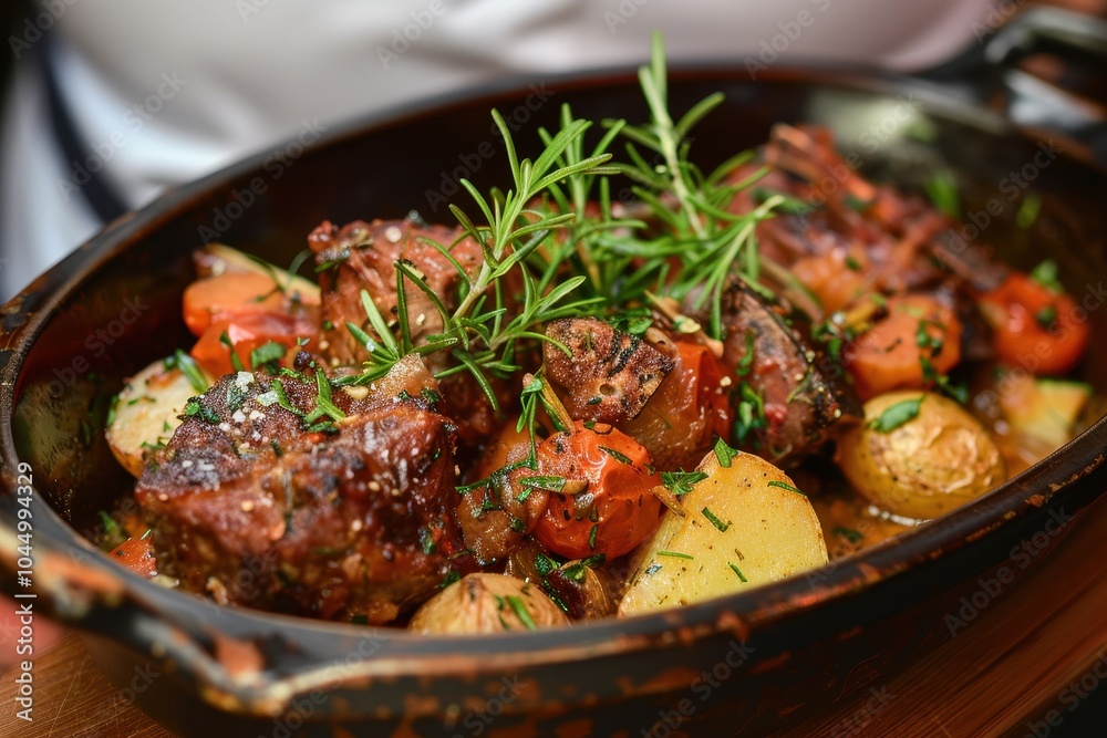 A dish of lamb kleftiko, slow-cooked lamb with potatoes, tomatoes, and herbs, garnished with fresh rosemary A dish of lamb kleftiko, slow-cooked lamb with potatoes, tomatoes, and herbs, garnished with fresh rosemary