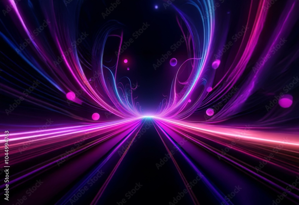 Abstract background of purple and blue neon lights with a glowing path receding into the darkness. Abstract background of purple and blue neon lights with a glowing path receding into the darkness.