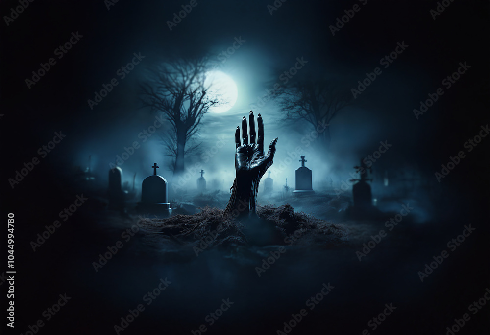 A single, skeletal hand reaches from a grave in a dark, foggy graveyard lit by a full moon. A single, skeletal hand reaches from a grave in a dark, foggy graveyard lit by a full moon.