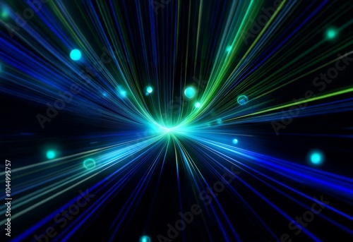 Abstract background with blue and green lines radiating from a central point.  There are also blue and green orbs scattered throughout.