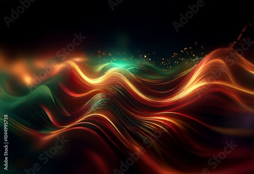 Abstract background with glowing red and green waves and a scattering of golden bokeh.