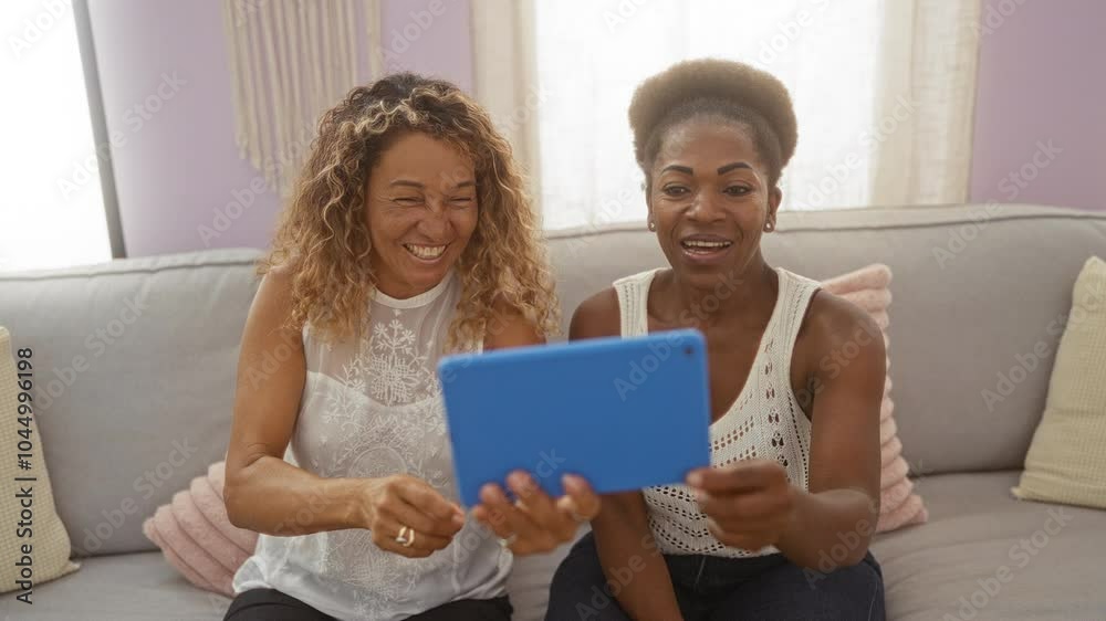 Women friends laughing while looking at a tablet indoors in a cozy living room setting Women friends laughing while looking at a tablet indoors in a cozy living room setting