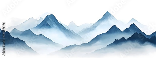 Illustration of blue mountains in the fog, vector art, white background, flat design