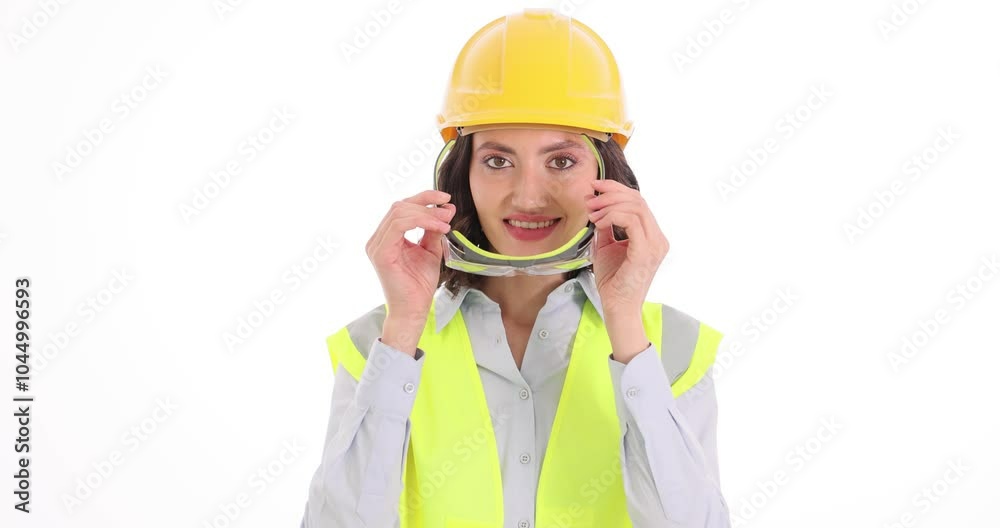 Smiling woman engineer puts on safety glasses on white background. Cheerful female in building uniform prepares for work at construction site Smiling woman engineer puts on safety glasses on white background. Cheerful female in building uniform prepares for work at construction site