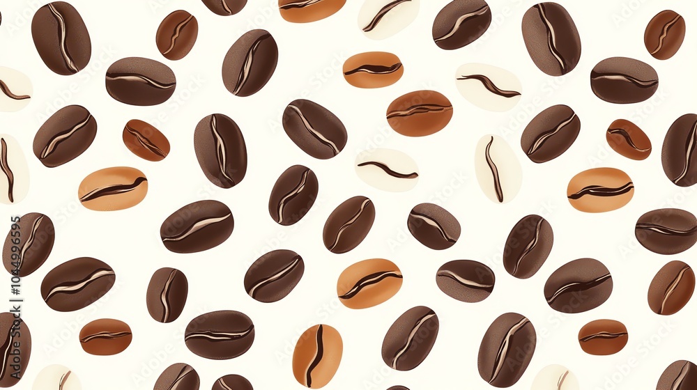 A seamless pattern of coffee beans in various shades of brown against a white background. A seamless pattern of coffee beans in various shades of brown against a white background.