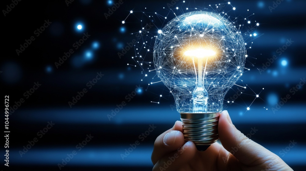 Innovative Idea, Network Connections, Glowing Lightbulb Held In Hand, Dark Blue Background Innovative Idea, Network Connections, Glowing Lightbulb Held In Hand, Dark Blue Background