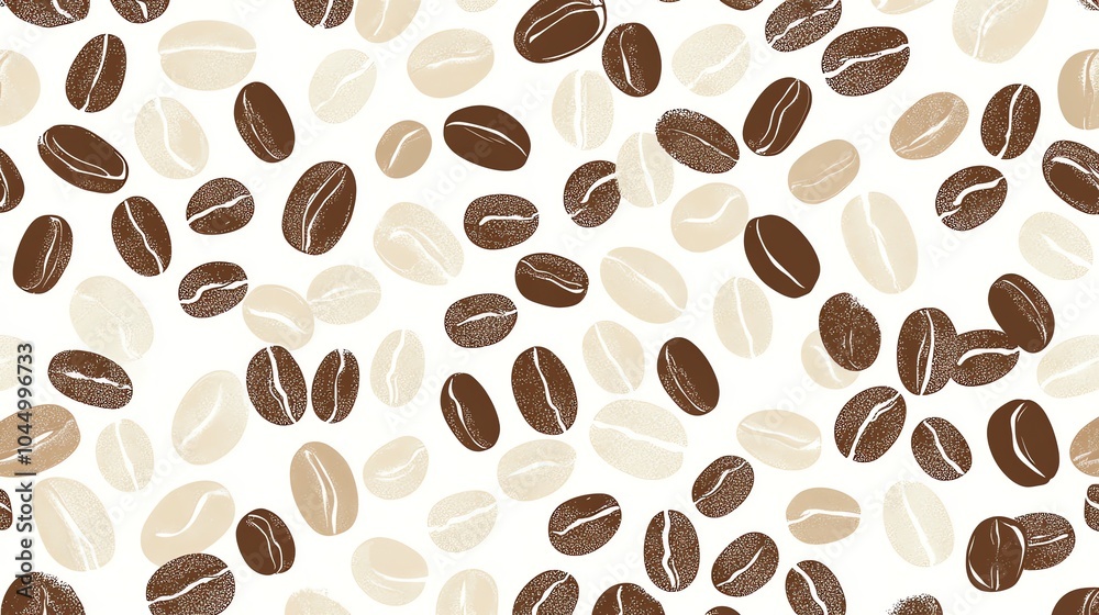 A seamless pattern of coffee beans in various shades of brown against a white background. A seamless pattern of coffee beans in various shades of brown against a white background.