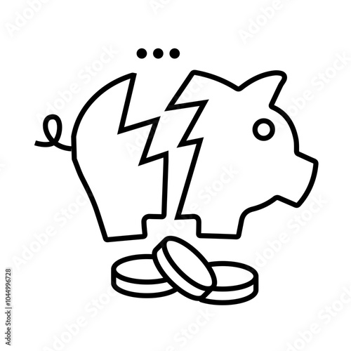 Financial Crisis Icon – Broken Piggy Bank with Coins Falling Out, Signifying Economic Hardship