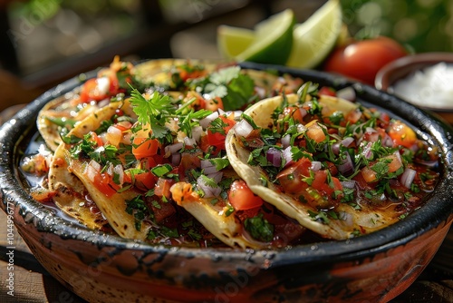 A dish of nopalitos, sauted cactus paddles with tomatoes, onions, and cilantro, served with warm tortillas photo