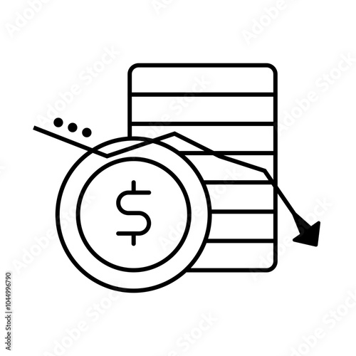 Cost Reduction Icon – Downward Arrow Cutting Through a Stack of Coins, Signifying Decreased Expenses