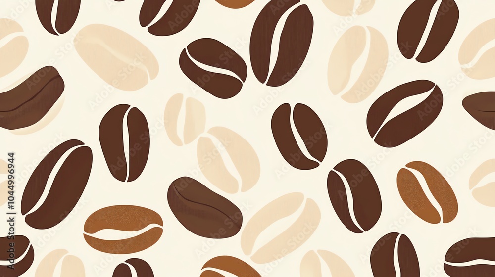 A seamless pattern of coffee beans in various shades of brown against a white background. A seamless pattern of coffee beans in various shades of brown against a white background.