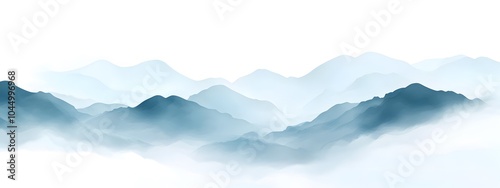 Illustration of blue mountains in the fog, vector art, white background, flat design