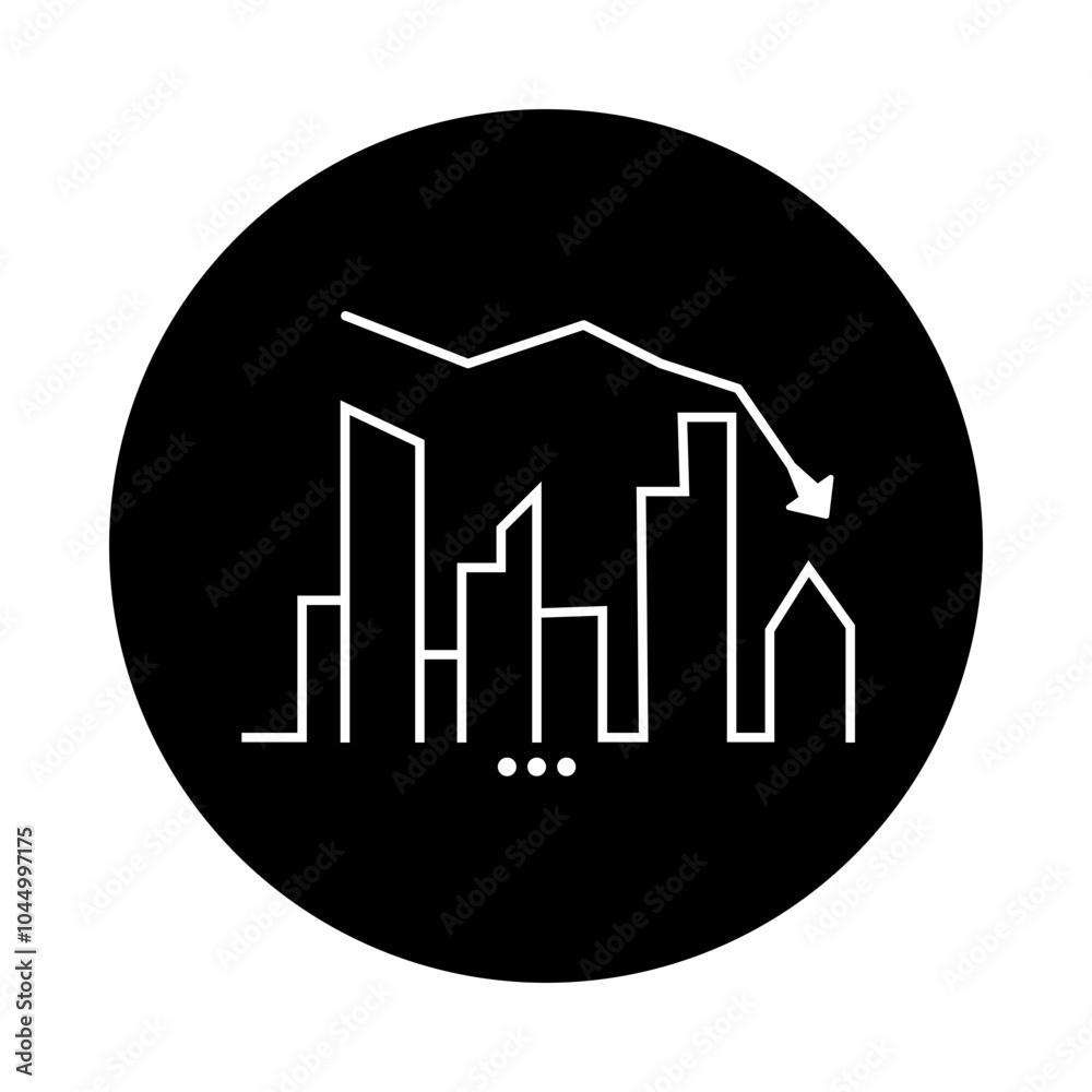 Economic Downturn Icon – City Skyline with Downward Arrow Overlay, Indicating Decrease in Economic Activity