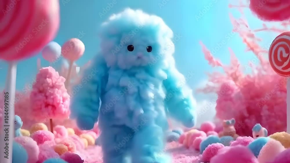 A fluffy blue creature walks through a vibrant candy land filled with pastel-colored trees and candy-like scenery. Ideal for playful, fantasy, and whimsical themes. A fluffy blue creature walks through a vibrant candy land filled with pastel-colored trees and candy-like scenery. Ideal for playful, fantasy, and whimsical themes.
