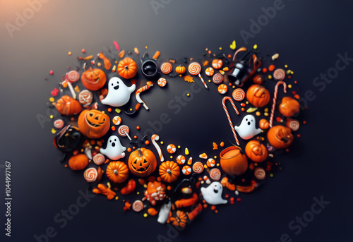 A heart-shaped arrangement of Halloween-themed decorations and candy on a dark background.