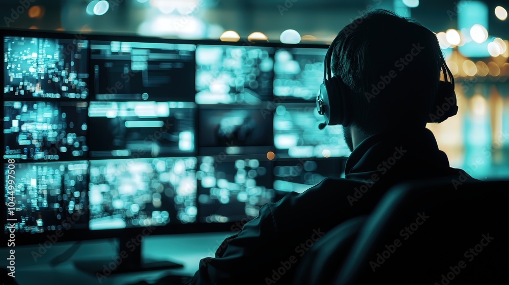 Cybersecurity Expert Analyzing Data on Multiple Monitors in a High-Tech Environment at Night Cybersecurity Expert Analyzing Data on Multiple Monitors in a High-Tech Environment at Night