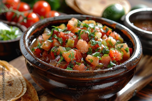 A dish of nopalitos, sauted cactus paddles with tomatoes, onions, and cilantro, served with warm tortillas photo