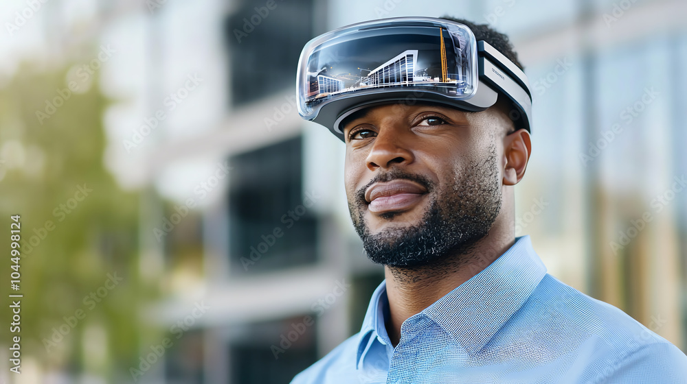 Exploring the future of technology a man in virtual reality headset in an urban environment Exploring the future of technology a man in virtual reality headset in an urban environment
