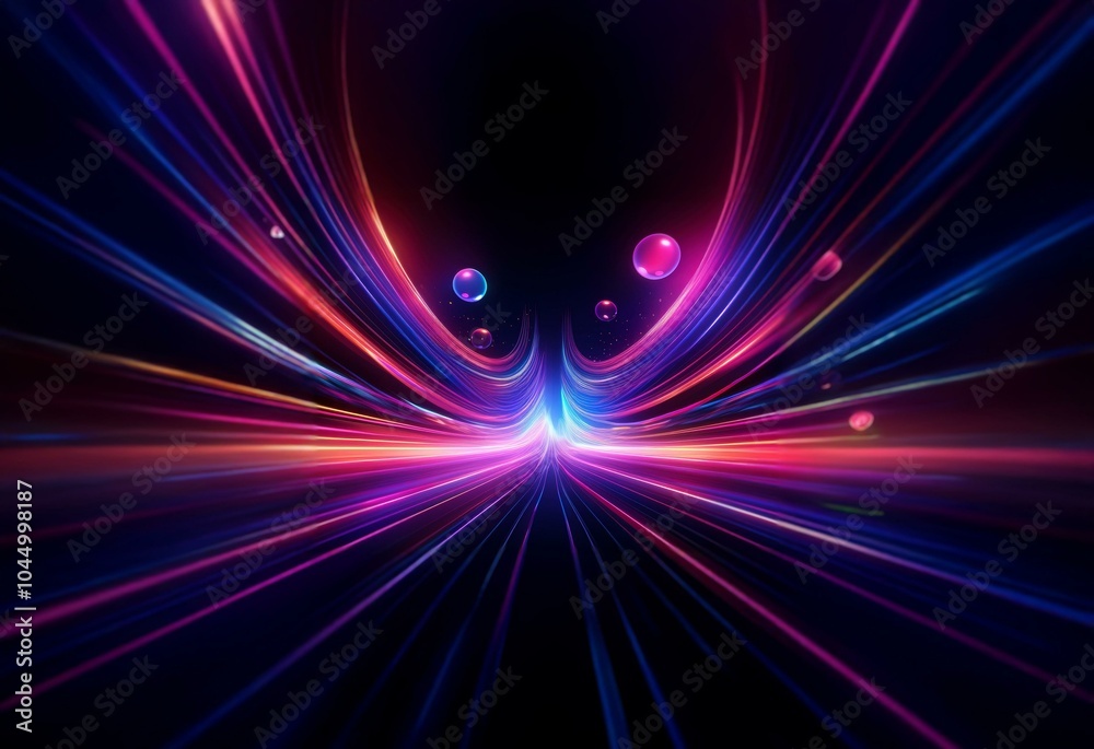 Abstract design with glowing pink and blue lines converging towards the center with orbs floating in the air. Abstract design with glowing pink and blue lines converging towards the center with orbs floating in the air.