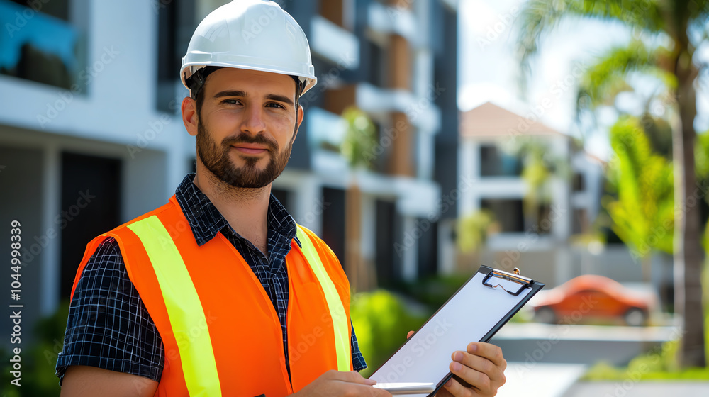 Construction professional reviewing plans on site with modern residential development in background Construction professional reviewing plans on site with modern residential development in background