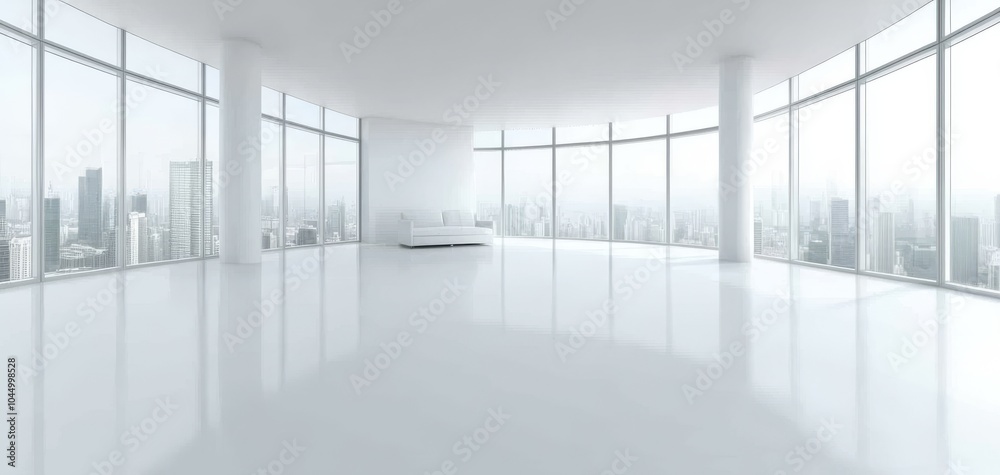 A sleek, modern interior with expansive glass windows and a minimalist aesthetic, showcasing a stunning city view.