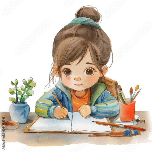 child doing homework vector illustration in watercolor style