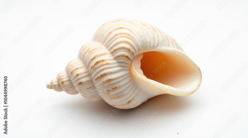 A large conical seashell with a perfectly spiraled structure, placed on a white background; the smooth surface highlights its natural beauty. A large conical seashell with a perfectly spiraled structure, placed on a white background; the smooth surface highlights its natural beauty.