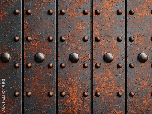 Rustic vintage door with decorative metal studs - a close-up of textured surfaces and intricate designs in a historical style