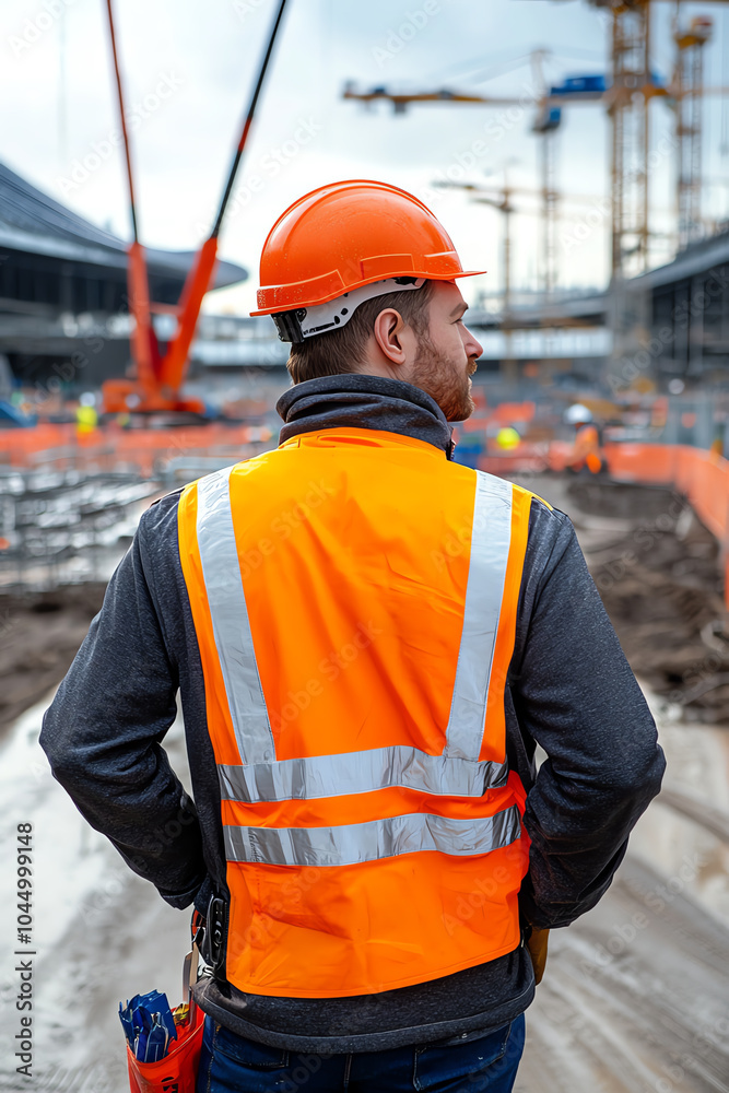 Construction worker overseeing site development in urban environment with safety gear Construction worker overseeing site development in urban environment with safety gear