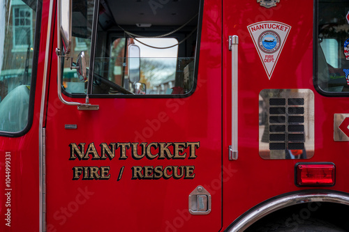 Nantucket Fire Department Shiny Red Rescue Truck Detail of the Door
