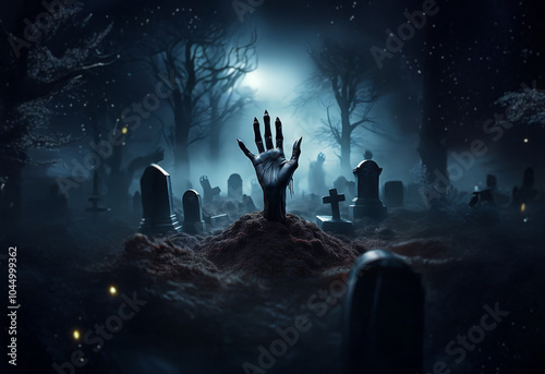 A skeletal hand reaches from a grave in a foggy, moonlit cemetery.