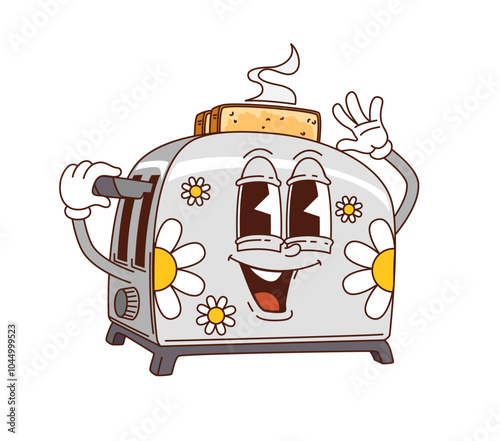 Cartoon groovy toaster character with smiling face, fried toast slices popping out and floral pattern. Isolated vector retro toaster, kitchen appliance personage waving hand and inviting for breakfast