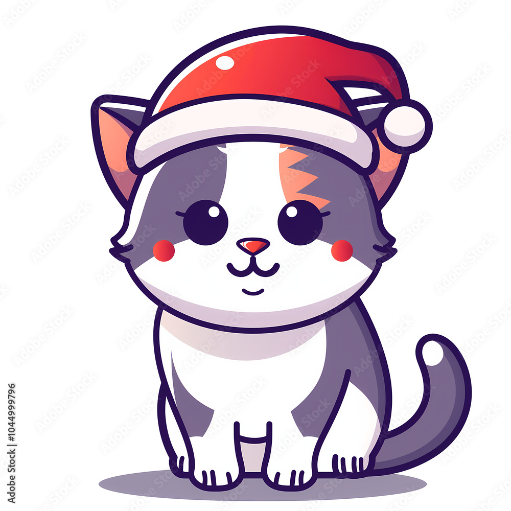 Cute kawaii cartoon cat wearing a Santa hat celebrates the holiday season with a cheerful expression, perfect for festive decorations Cute kawaii cartoon cat wearing a Santa hat celebrates the holiday season with a cheerful expression, perfect for festive decorations