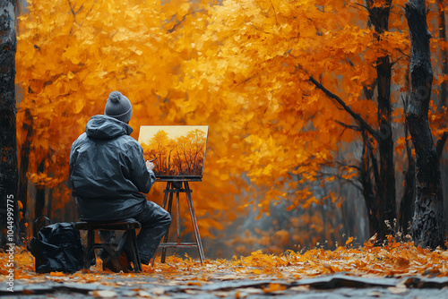 Artist painting at the forest in autumn_1_illustration