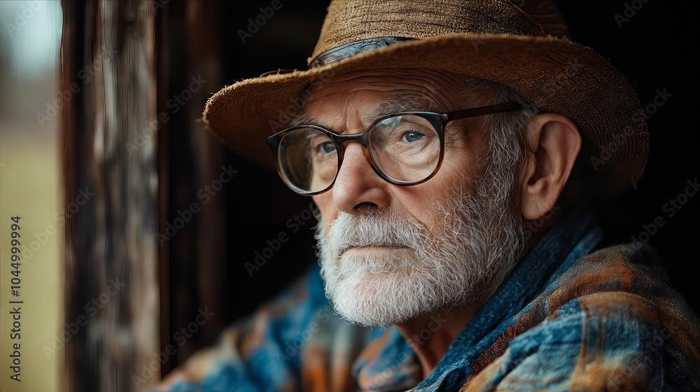 An older man wearing a hat and glasses looking out the window