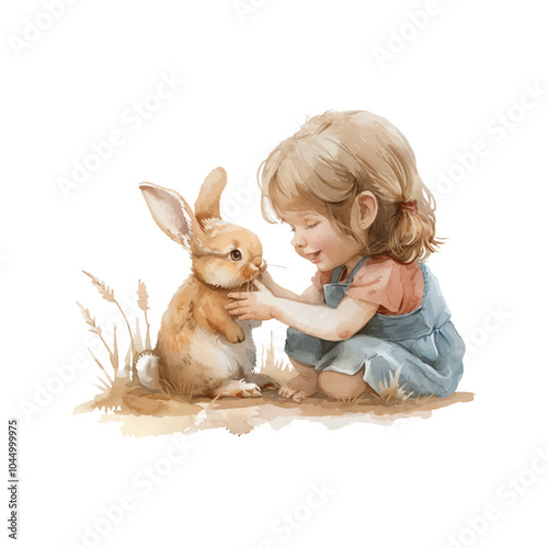 child petting a bunny vector illustration in watercolor style